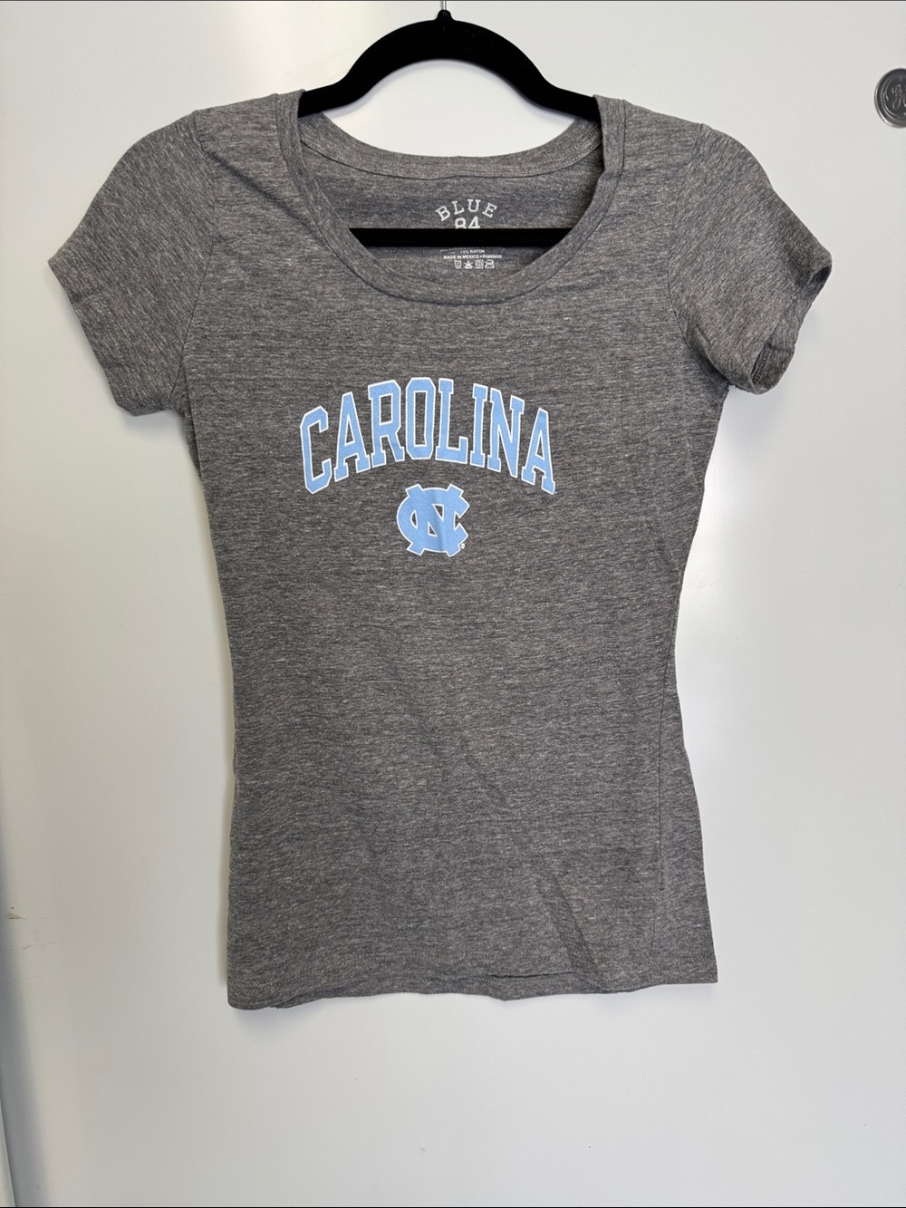 Blue 84 Gray Tee with “Carolina” and Light Blue UNC Logo size S
